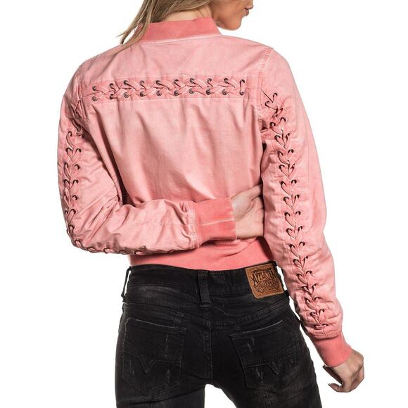 NWT Affliction Salmon Pink Lace Up Bomber Jacket - Medium - Picture 1 of 12